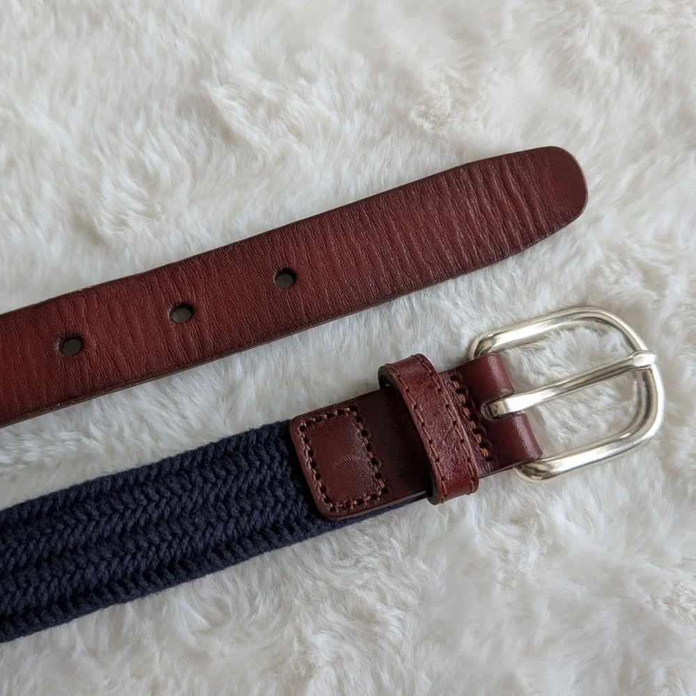 Crewcuts Boys Navy Blue Woven Belt Brown Leather Trim Silver Buckle Medium